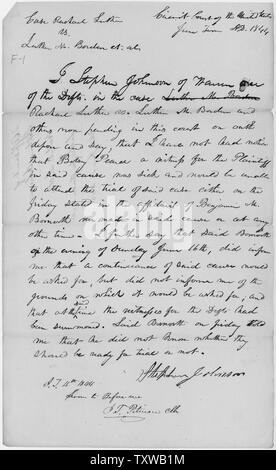 Affidavit de Stephen Johnson dans le cas de Rachel c. Luther Luther Borden, et. al, Portée et contenu : Ce document est à partir d'un costume pour une offense contre un groupe de milice de l'état de Rhode Island qui, agissant en vertu de la loi martiale, fait irruption dans la résidence de Martin Luther, le fils de Rachel Luther, au milieu de la nuit, ont fouillé les lieux, et menacé Rachel Luther. Rachel Luther accusé le gouvernement charte qui a proclamé la loi martiale n'est pas le gouvernement légal de Rhode Island. L'defendents a affirmé que la déclaration de la loi martiale était légal et qu'ils agissaient sous les ordres Banque D'Images
