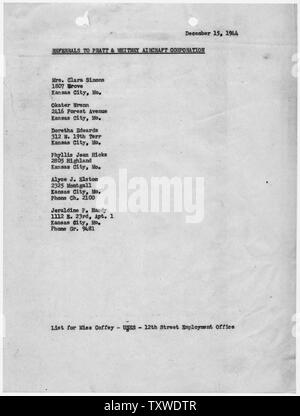 Jean René, Elston et al [Cas 9-BR-347] : transmission à Pratt & Whitney Aircraft Corporation ; Portée et contenu : Liste des plaignants visés à Pratt et Whitney de United States Service de l'emploi. Banque D'Images