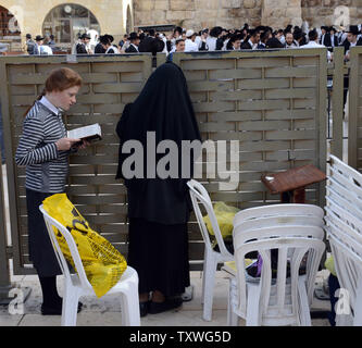 Une femme juive religieuse regarde par la clôture qui sépare les femmes et les hommes et d'autre au Mur des Lamentations, lieu saint du judaïsme, à Jérusalem, Israël, le 9 juin 2013. Plus de 300 femmes de femmes du Mur prié derrière une barrière au Mur occidental comme la police des frontières ont empêché les hommes ultra-orthodoxes de les atteindre alors qu'ils portaient des téfilines et châles de prière pour célébrer le premier jour de la mois juif de Tamouz. Femmes du mur ont lutté pour la liberté religieuse et les droits des femmes au Mur occidental pour plus de vingt-cinq ans. UPI/Debbie Hill Banque D'Images