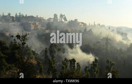 Une vue générale d'un grand feu allumé dans la forêt près de Jérusalem Ein Kerem à Jérusalem, Israël, le 25 juin 2014. La police israélienne a répondu à l'incendie qui a pris plusieurs heures pour contrôler et dit que l'incendie a montré des signes d'incendie criminel. Le feu a brûlé près du Musée de l'Holocauste Yad Vashem et l'hôpital Hadassah. UPI/Debbie Hill Banque D'Images