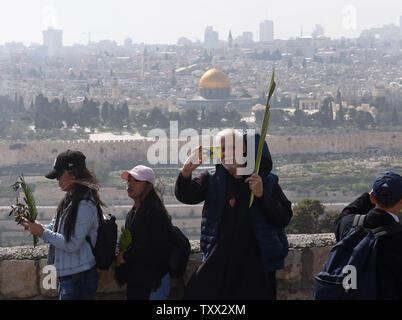 Un homme prend une tout en tenant un selfies palmier pendant la procession des Rameaux annuels sur le Mt. des oliviers, vue sur la vieille ville de Jérusalem, le dimanche des Rameaux à Jérusalem, le 14 avril 2019. La procession des Rameaux suit le chemin que l'on croit avoir été pris par Jésus sur son dernier voyage à Jérusalem. Photo par Debbie Hill/UPI Banque D'Images