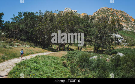 Femme marche sur chemin dans le parc national avec pierres et arbres en arrière-plan. L'île de cies. Banque D'Images