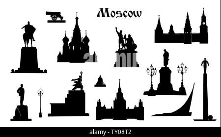 Jeu de symboles de la ville de Moscou, Russie. L'icône repère touristiques collection. Lieux et monuments célèbres russe à Moscou. Les éléments de conception de la Russie. Illustration de Vecteur