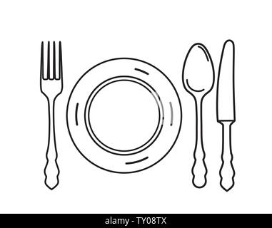Ensemble de coutellerie. Assiette, fourchette, couteau, cuillère, des éléments de conception l'icône. L'art de manger jeu de symboles. Illustration de Vecteur
