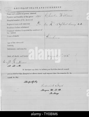 La mort et l'Enterrement Record pour Charles Williams ; Portée et contenu : Classement : Régiment Privé : 13 : Direction générale des États-Unis (troupes de couleur réguliers) Unité : Unité : Désignation complète K K, 13e États-unis Troupes de couleur (Réguliers) Date de décès : 08/04/1865 Numéro : 1298 sépulture notes générales : Notez que seulement une partie de ce document a été numérisé et mis en ligne. Banque D'Images