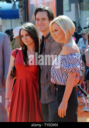 L'acteur Jim Carrey (C), la voix de Horton dans l'animated motion photo "Horton Hears a Who !", basé sur une histoire de Dr. Seuss, assiste à la première mondiale du film avec sa fille Jeanne (L) et petite amie Jenny McCarthy à Los Angeles le 8 mars 2008. (Photo d'UPI/Jim Ruymen) Banque D'Images