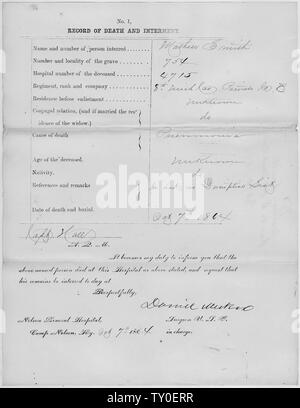 La mort et l'Enterrement Record pour Mathew Smith ; Portée et contenu : Classement : Privé Public : Michigan Régiment : 8 Direction générale : unité de cavalerie : B : Désignation de l'unité complète B, 8e de cavalerie du Michigan Date de décès : 10/07/1864 Numéro : 0754 sépulture notes générales : Notez que seulement une partie de ce document a été numérisé et mis en ligne. Banque D'Images