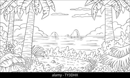 Livre de coloriage paysage tropical. Dessiner à main vector illustration avec des calques distincts. Illustration de Vecteur