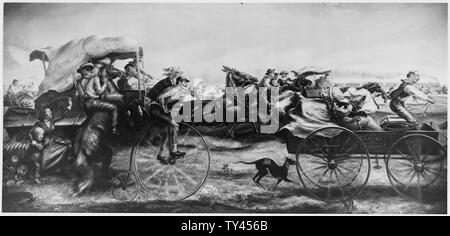 L'Oklahoma Land Rush, le 22 avril 1889. John Steuart Curry, artiste. A commandé 1937, installé en 1939.[1]:AFSF LRR:Peintures et Sculptures pour les bâtiments publics. Tableau représentant la race impliquant des personnes dans les wagons, à cheval, et un vélo pour jalonner des claims sur des parcelles. L'un des dit du canevas de chariot Montana ou buste. Bâtiment et lieu non identifié. Banque D'Images