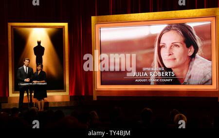 Les nominés aux Oscars pour la Meilleure Actrice de soutien, y compris Julia Roberts pour 'Août : Riley Comté' sont annoncés par l'acteur Chris Hemsworth (L) et l'Academy of Motion Picture Arts and Sciences, Président Cheryl Boone Isaacs au Samuel Goldwyn Theater de Los Angeles, Californie le 16 janvier 2014. La 86e assemblée annuelle de remise des Oscars aura lieu le 2 mars. UPI/Jim Ruymen Banque D'Images