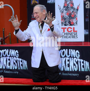 L'acteur et réalisateur Mel Brooks participe à une cérémonie empreinte de main & honorer au théâtre chinois de Grauman dans la section Hollywood de Los Angeles le 8 septembre 2014. Le cinéaste primée portait une prothèse de sixième doigt sur une main pour ajouter un peu plus de charme tout en appuyant sur ses pieds et mains dans le ciment. Les 88 ans, le comédien célèbre le 40e anniversaire de son film nominé aux Oscars, "jeune Frankenstein.' UPI/Jim Ruymen Banque D'Images