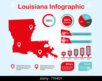 L'État de Louisiane (USA) Plan avec ensemble d'éléments de couleur rouge infographique en fond clair. L'élément graphique de l'information modernes pour votre conception. Banque D'Images