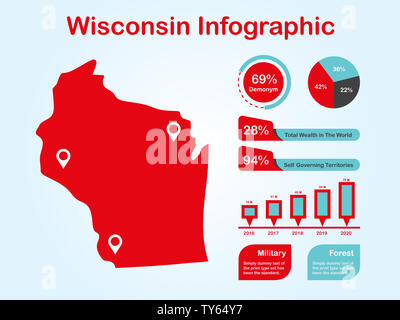 L'État du Wisconsin (USA) Plan avec ensemble d'éléments de couleur rouge infographique en fond clair. L'élément graphique de l'information modernes pour votre conception. Banque D'Images