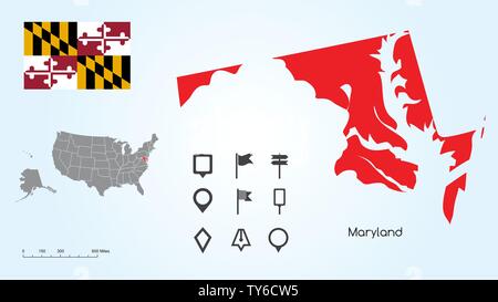 Carte des États-Unis d'Amérique avec l'État du Maryland et le Maryland drapeau avec Locator Collection. Illustration de Vecteur