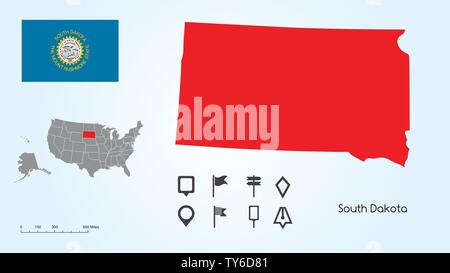 Carte des États-Unis d'Amérique avec l'état sélectionné du Dakota du Sud et le Dakota du Sud drapeau avec Locator Collection. Illustration de Vecteur