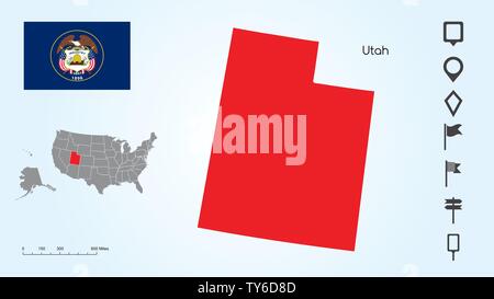 Carte des États-Unis d'Amérique avec l'état de l'Utah et de l'Utah drapeau avec Locator Collection. Illustration de Vecteur