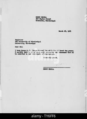 James Meredith, Lettre de recommandation, le 26 mars 1961 ; Portée et contenu : Lettre de recommandation pour James Meredith. Notes générales : Kennedy,John F. Banque D'Images