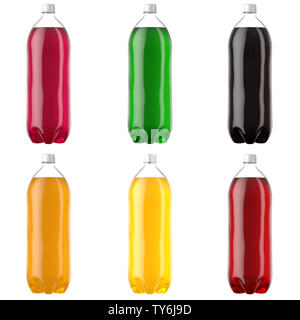 Une collection de six bouteilles de soda de 2 litres en plastique de différentes saveurs sur un fond studio blanc isolé - 3D render Banque D'Images