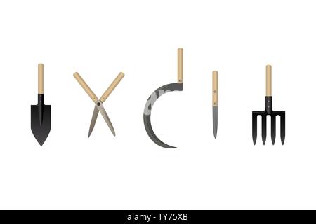 Outils de jardin. Vector illustration. Fourche, pelle, sécateur la charrue et le couteau Illustration de Vecteur
