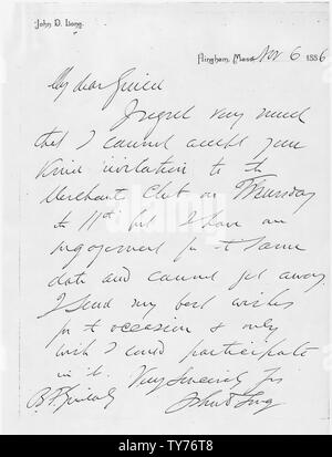 John D. longue lettre le 6 novembre 1886 ; la portée et contenu : lettre manuscrite de John D. Long, gouverneur du Massachusetts, 1880 à 1883 ; membre du congrès, Massachusetts, 1883 à 1889. Banque D'Images