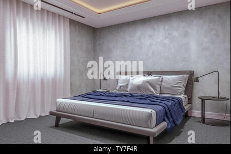 Design intérieur moderne de sous-sol chambre avec petite fenêtre, lit king size avec des draps de lit, de la moquette et des murs de béton gris, style 3d renderi Banque D'Images