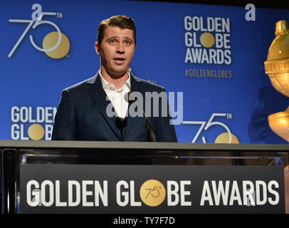 L'acteur Garrett Hedlund annonce les nominés pour la 75e assemblée Golden Globe Awards au Beverly Hilton Hotel à Beverly Hills, Californie le 11 décembre 2017. Photo par Jim Ruymen/UPI Banque D'Images