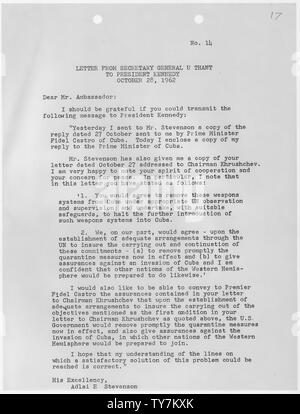Lettre du Secrétaire général U Thant au Président Kennedy, le 28 octobre 1962. Banque D'Images