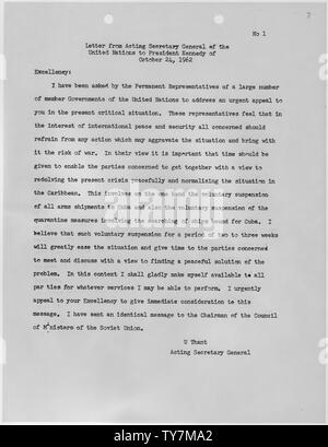 Lettre du Secrétaire général de l'Organisation des Nations Unies pour le président Kennedy, le 24 octobre 1962 Banque D'Images