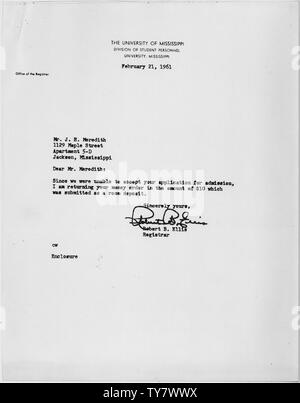 Lettre à James Meredith Février 21, 1961 ; Portée et contenu : Lettre à James Meredith concernant son application à l'Université du Mississippi. Notes générales : Kennedy,John F. Banque D'Images