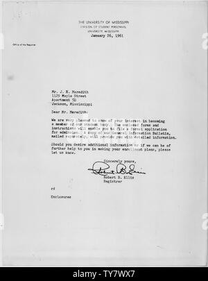 Lettre à James Meredith ; Portée et contenu : Lettre à James Meredith concernant son application à l'Université du Mississippi. Notes générales : Kennedy,John F. Banque D'Images