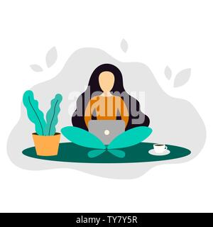 Jeune freelancer woman assis sur le plancher. Concept de travail à domicile. Jeune femme blogger. Illustration de Vecteur