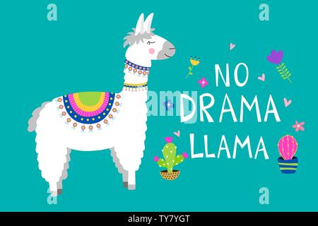 Carte de lama mignon avec aucune motivation théâtre citation. Caricature d'alpaga. Vector illustration avec llama pour poster, carte, invitation, textiles etc. Illustration de Vecteur