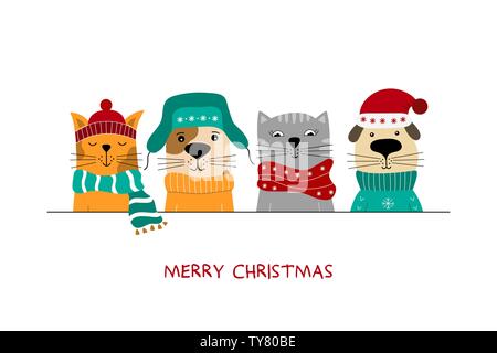 Joyeux Noël illustration de chats mignons et drôles de chiens. Illustration de Vecteur