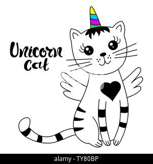 Chat mignon UNICORN. Design pour enfant, carte, badge autocollant, patch, cas de téléphone, affiches, t-shirt, mug, etc. Illustration de Vecteur