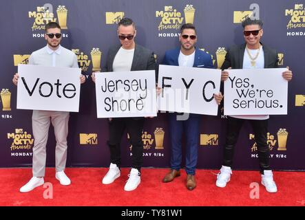 (L-R) des personnalités de la télévision Vinny Guadagnino, Mike Sorrentino, Ronnie Ortiz-Magro, et Paul Delvecchio assister à la MTV Movie & TV Awards au Barker Hangar à Santa Monica, Californie le 16 juin 2018. Ce sera la 27e édition de la remise des prix, et la seconde à l'honneur conjointement les films et la télévision. Le spectacle sera tape le Samedi, 16 juin, et l'air le lundi 18 juin. Photo par Jim Ruymen/UPI Banque D'Images