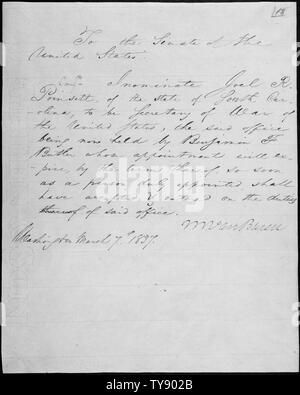 Message du président Martin Van Buren Joel R. Poinsett mise en candidature pour être secrétaire de la guerre, 03/07/1837 Banque D'Images