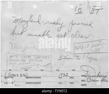 Le message relatif à l'attaque sur Pearl Harbor. ; la portée et contenu : c'est un message de l'USS MARYLAND (BB46) dans la position d'amarrage à l'intérieur de l'USS OKLAHOMA (BB37) qui avait chaviré à quelques minutes de l'attaque. Banque D'Images