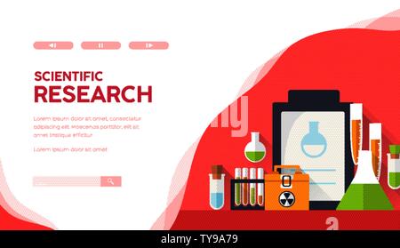 Matériel de laboratoire de sciences avec des tubes à essai, flacons, des béchers, des réactifs. De travail pour les recherches de diagnostic médical. Expérience chimique. Cours de chimie, leçon à l'école, université. La conception de scénario. Illustration de Vecteur