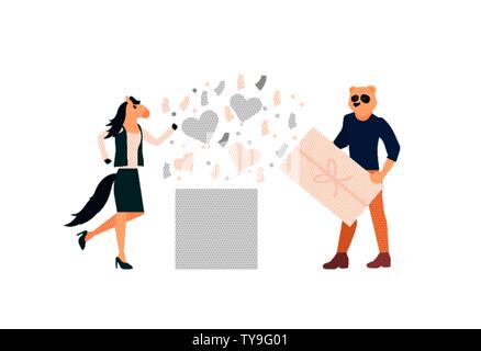 Caractères animal joyeuse célébration de la Saint-Valentin. maison de vacances ensemble. L'homme et la femme s'amuser, danser, l'ouverture de grande surprise fort de confettis et les cœurs sur partie. Vector isolated on white. Illustration de Vecteur