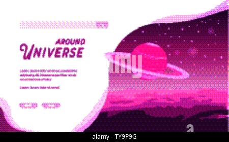 Panorama futuriste cosmique avec les étoiles, les astéroïdes, les comètes. Saturne système solaire en mouvement. Chaînes ou lune gravitent autour de planète inconnue. Vecteur de projets astronomiques, astrologic. Copier l'espace. Illustration de Vecteur