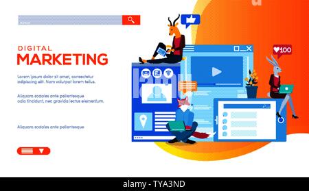 Les spécialistes qui travaillent avec les réseaux sociaux, seo en utilisant des ordinateurs portables, tablettes, smartphones. Publicité et promotion dans Internet. Notion de vecteur de marketing numérique. Place pour le texte, copiez l'espace. Illustration de Vecteur