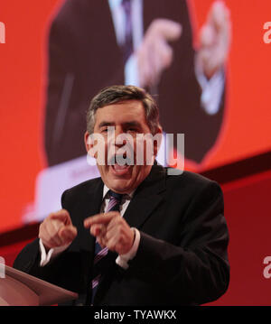 De Premier ministre britannique Gordon Brown livre son discours des leaders à la 2009 conférence du parti travailliste à Brighton, Angleterre, le 29 septembre 2009. UPI/Hugo Philpott Banque D'Images