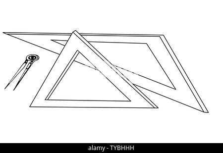 La géométrie et la science concept illustration avec des dirigeants et un compas triangulaire sur fond blanc Banque D'Images