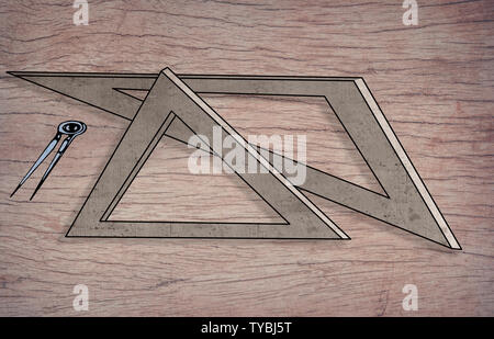 La géométrie et la science concept illustration avec un compas et règles triangulaires Banque D'Images