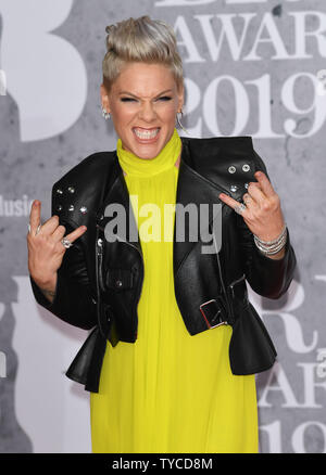 La chanteuse américaine Pink assiste à la Brit Awards à l'O2 Arena de Londres le 20 février 2019. Photo par Rune Hellestad/ UPI Banque D'Images