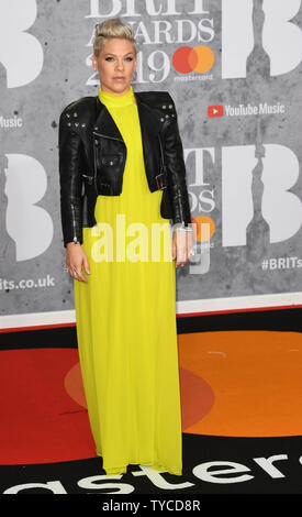 La chanteuse américaine Pink assiste à la Brit Awards à l'O2 Arena de Londres le 20 février 2019. Photo par Rune Hellestad/ UPI Banque D'Images