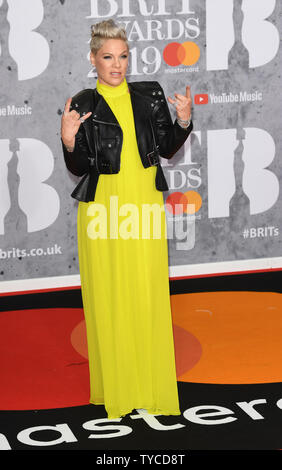 La chanteuse américaine Pink assiste à la Brit Awards à l'O2 Arena de Londres le 20 février 2019. Photo par Rune Hellestad/ UPI Banque D'Images