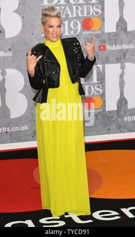 La chanteuse américaine Pink assiste à la Brit Awards à l'O2 Arena de Londres le 20 février 2019. Photo par Rune Hellestad/ UPI Banque D'Images