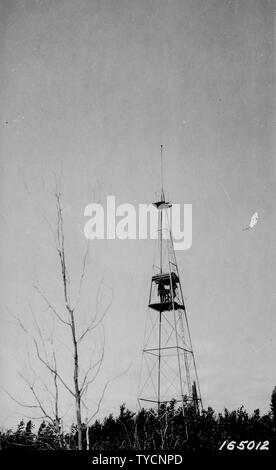 Photographie du Minnesota State Forest Service Lookout Tower ; Portée et contenu : sous-titre original : Minnesota State Forest Service Tour d'observation. Garde côtière canadienne (Mlle) Carroll sur la tour. Banque D'Images