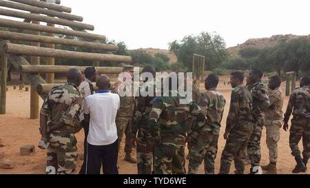 Le Sgt. 1re classe Michael Mullins donne l'officiers des Forces armées nigériennes des instructions sur la bonne façon d'exécuter "Le Tisserand" alors que le Lieutenant Daniel Godlasky 1er se prépare à démontrer l'obstacle. Au cours de l'instruction, le but, la manière appropriée de l'exécution, les précautions de sécurité et les sanctions ont été expliqués. Soldats du 2e bataillon du 327e Régiment d'infanterie, de la 1re Brigade Combat Team 'Bastogne', 101st Airborne Division (Air Assault), a passé quatre semaines l'observation et de l'encadrement d'instructeurs de combat de base les Forces armées nigériennes (FAN). La Brigade de Bastogne est le tout à l'échelle régionale Banque D'Images